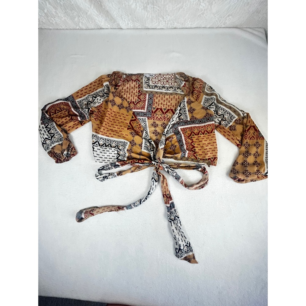 Fashion Nova Womens Patchwork Print Tie Front Crop Top Boho V-Neck Long Sleeve